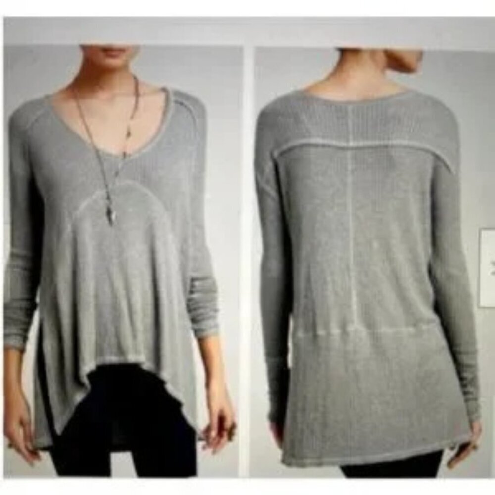 Free People Womens Sunset Park Thermal Knit Gray Oversized Distressed Top